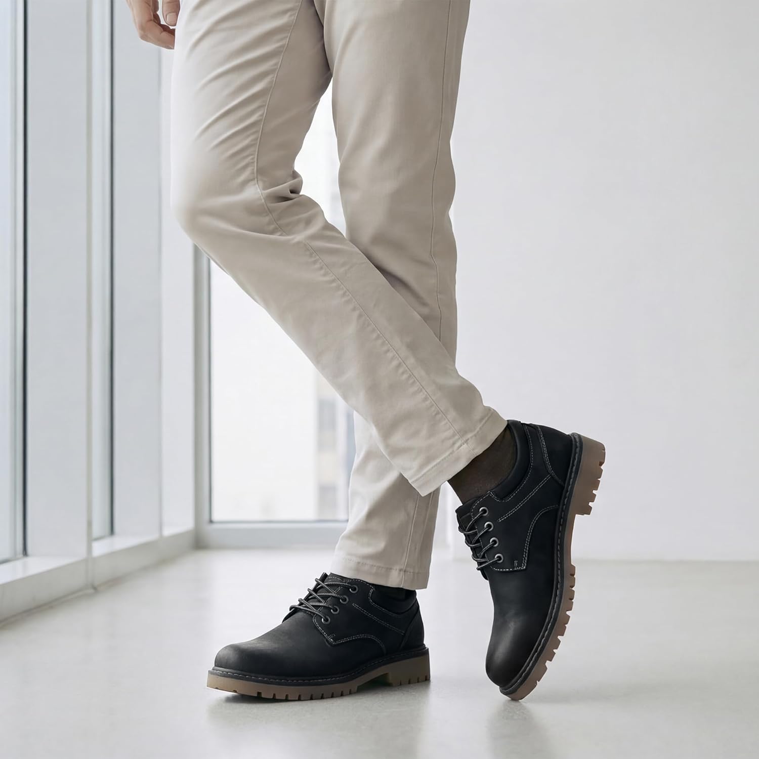 Mofri Man Vintage Leather Oxford Platform Shoes Chunky Low Top Lace Up Round Toe Waterproof Non Slip Casual Comfortable Fashion Formal Derby Office Work Business Dress Shoes