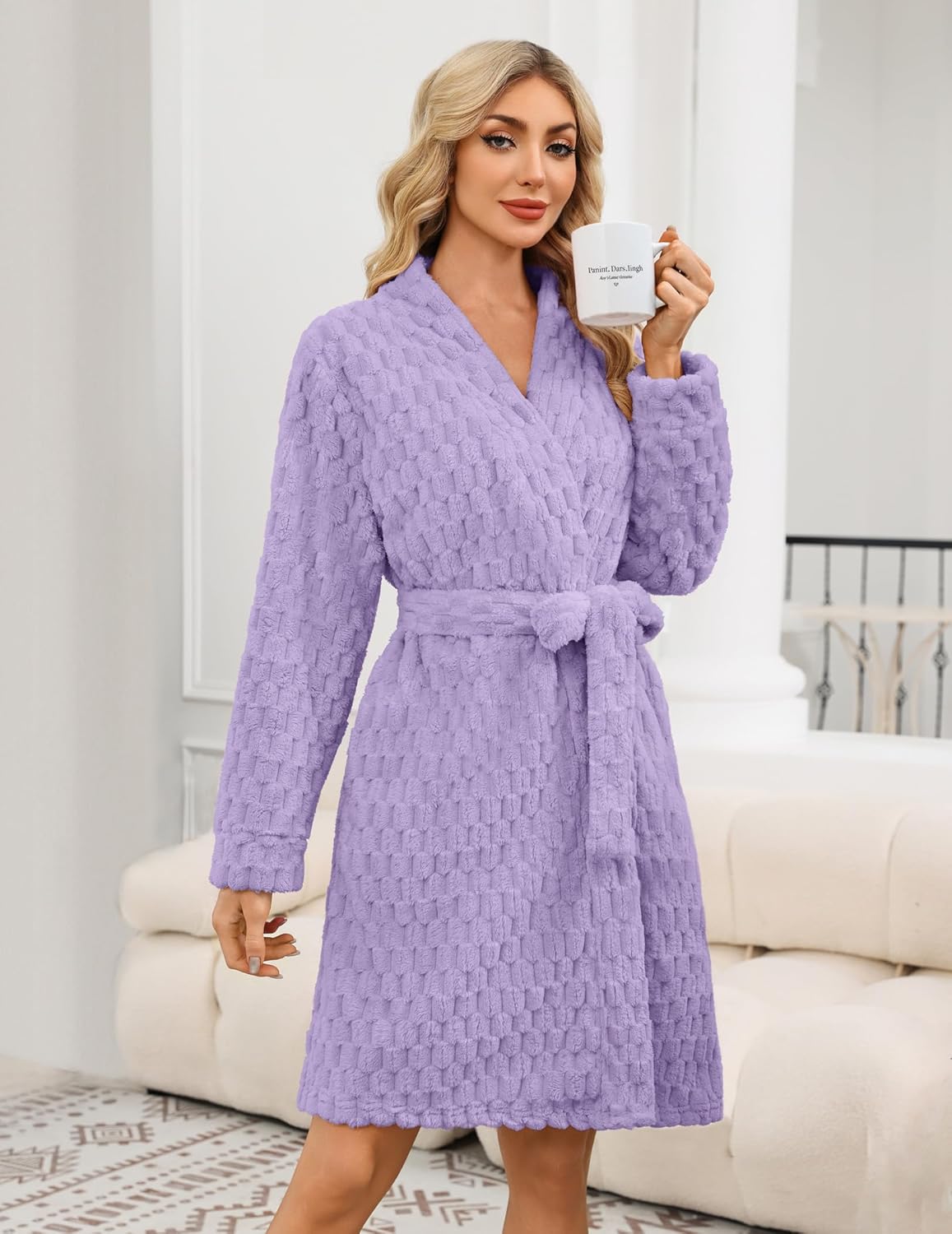Alternative view of Ekouaer Women's Robes Short Plush Bathrobe Knee Length Warm Soft Jacquard Robe Winter House Coat with Pockets S-XXL