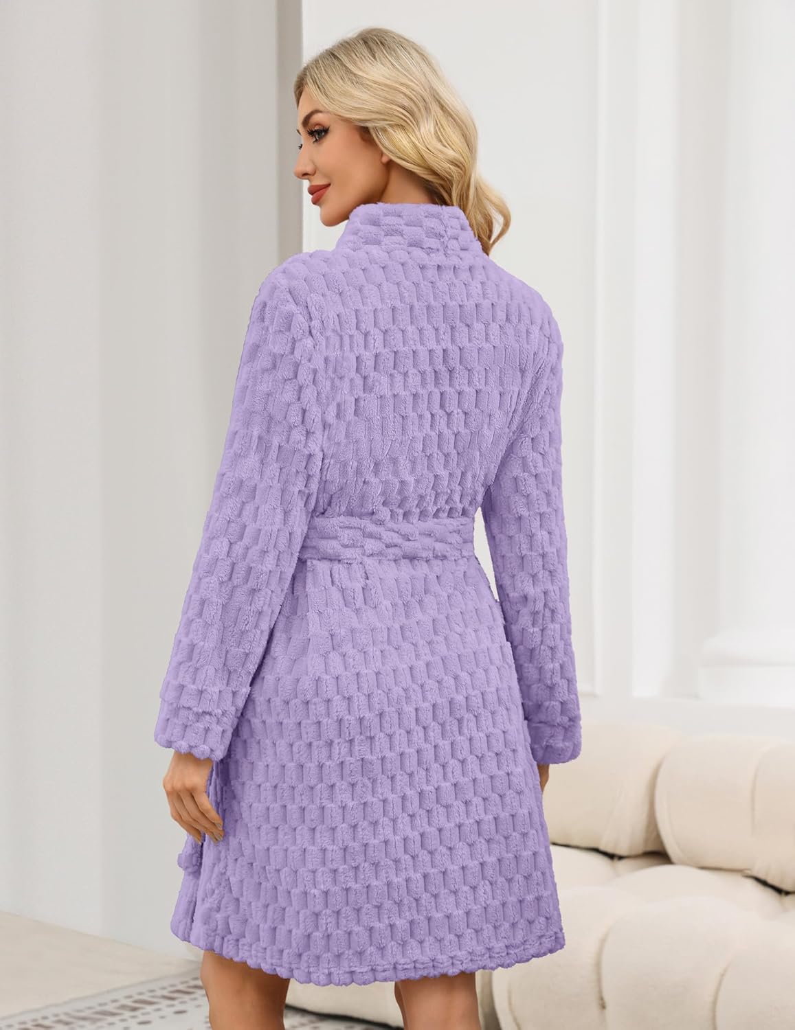 Ekouaer Women's Robes Short Plush Bathrobe Knee Length Warm Soft Jacquard Robe Winter House Coat with Pockets S-XXL - Image 3