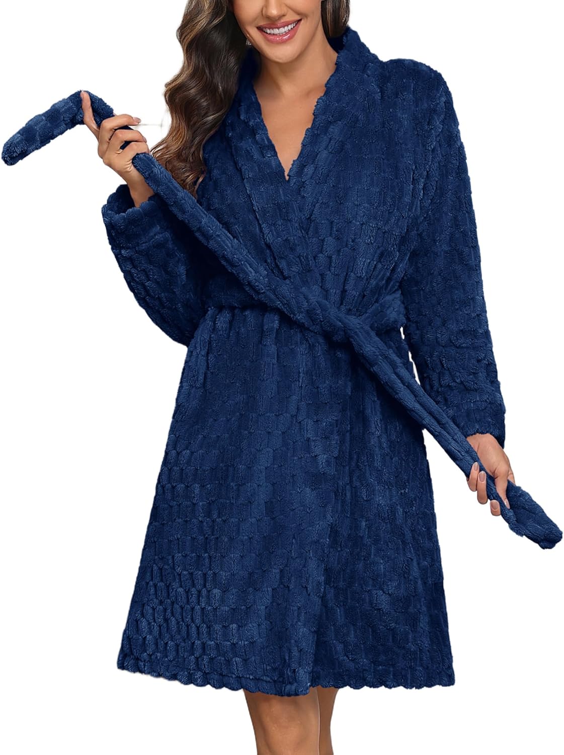 Ekouaer Women's Robes Short Plush Bathrobe Knee Length Warm Soft Jacquard Robe Winter House Coat with Pockets S-XXL - Image 5