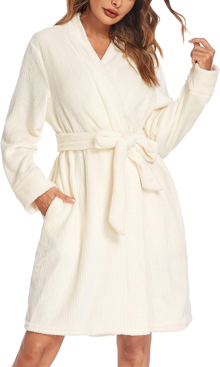 Ekouaer Women's Robes Short Plush Bathrobe Knee Length Warm Soft Jacquard Robe Winter House Coat with Pockets S-XXL - Image 7