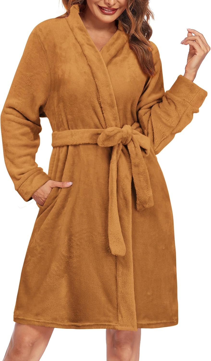 Ekouaer Women's Robes Short Plush Bathrobe Knee Length Warm Soft Jacquard Robe Winter House Coat with Pockets S-XXL - Image 8