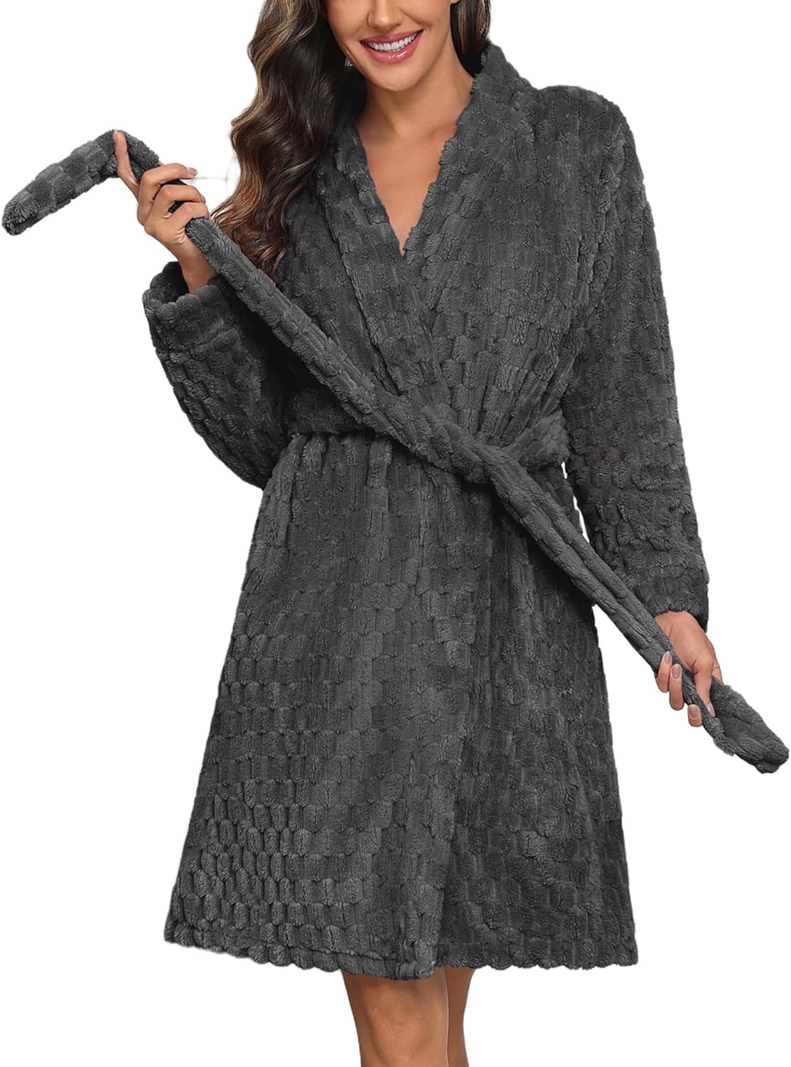 Ekouaer Women's Robes Short Plush Bathrobe Knee Length Warm Soft Jacquard Robe Winter House Coat with Pockets S-XXL - Image 9