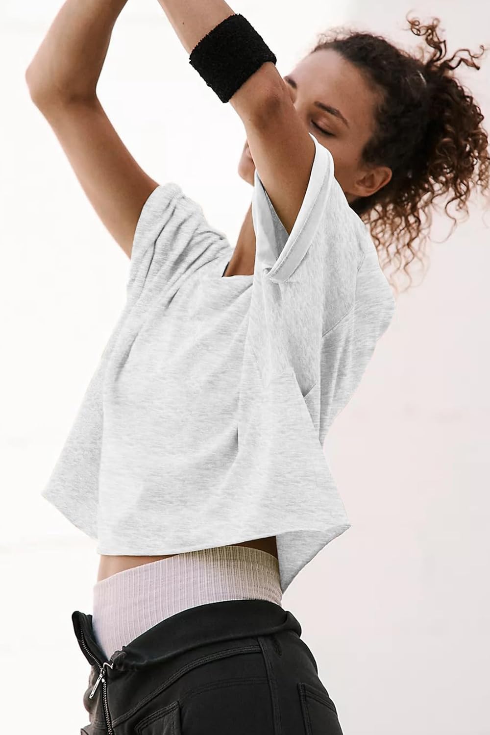 Women's Oversize Workout Crop Tops Casual Short Sleeve Drop Shoulder Boxy T-Shirts Roll Hem Basic Loose Yoga Running Tees - Image 3