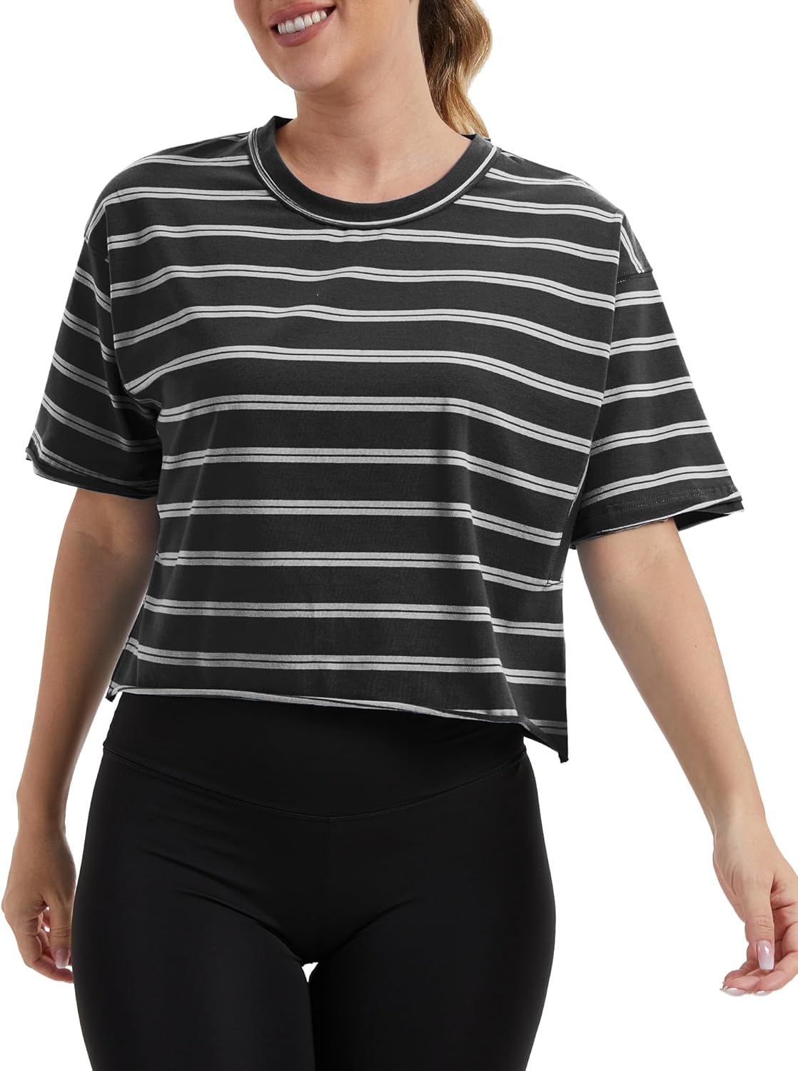 Women's Oversize Workout Crop Tops Casual Short Sleeve Drop Shoulder Boxy T-Shirts Roll Hem Basic Loose Yoga Running Tees - Image 5