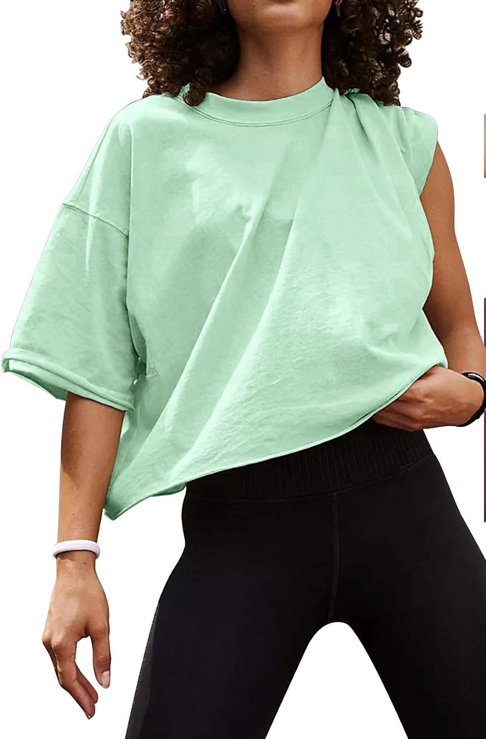 Women's Oversize Workout Crop Tops Casual Short Sleeve Drop Shoulder Boxy T-Shirts Roll Hem Basic Loose Yoga Running Tees - Image 9