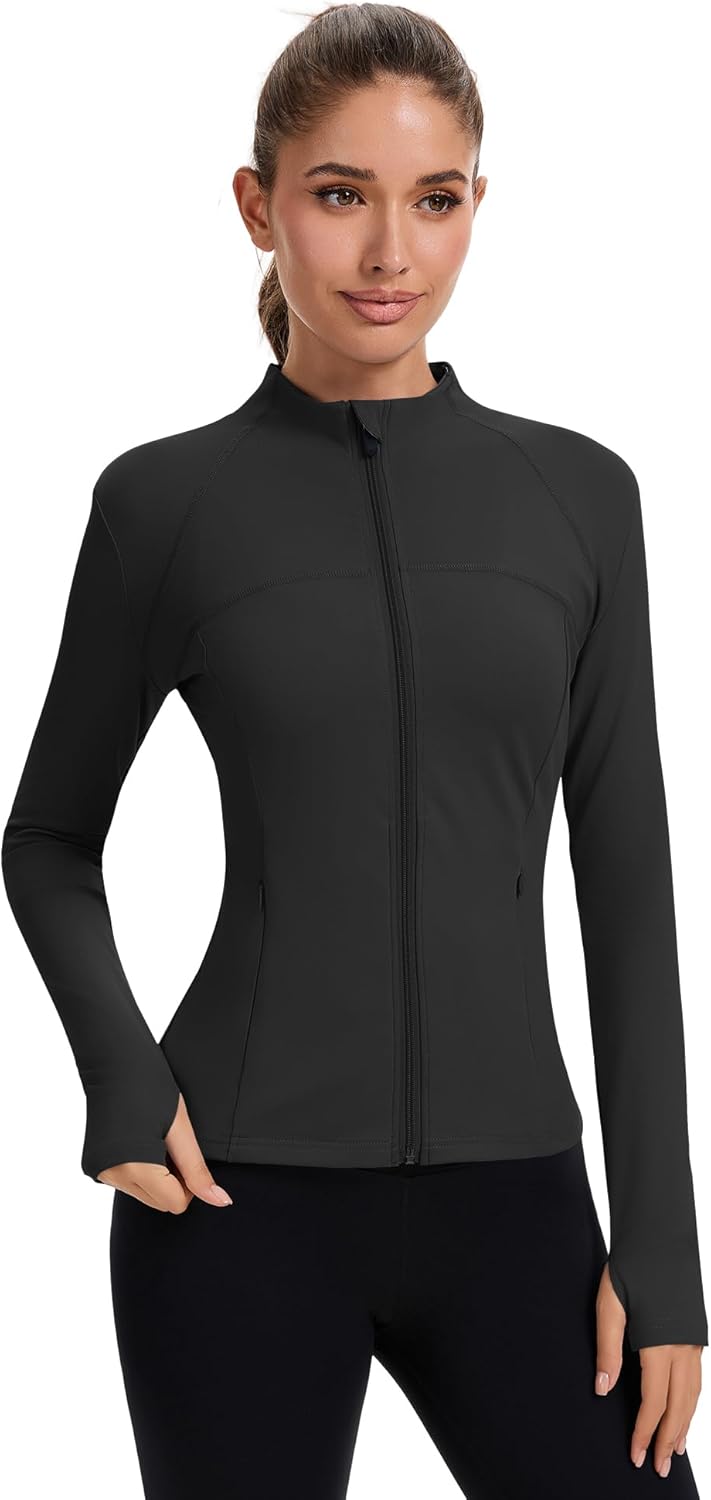Rapbin Women's Full Zip Workout jackets Runing Slim Fit Athletic Tops With Thumb Holes