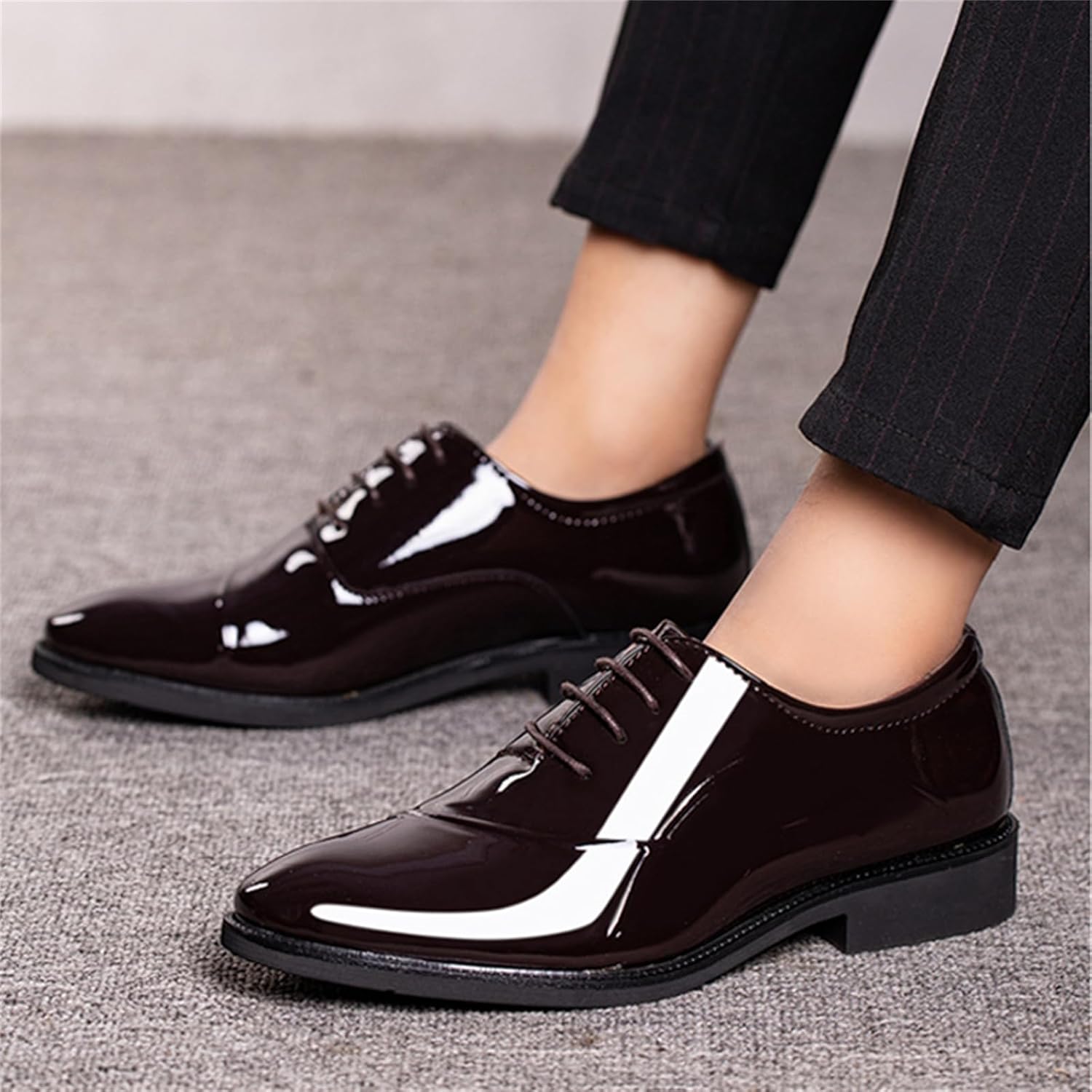 Men's Trendy High Gloss Patent Leather Business Oxford Lightweight Derby Shoes Formal Lace Up Dress Shoes