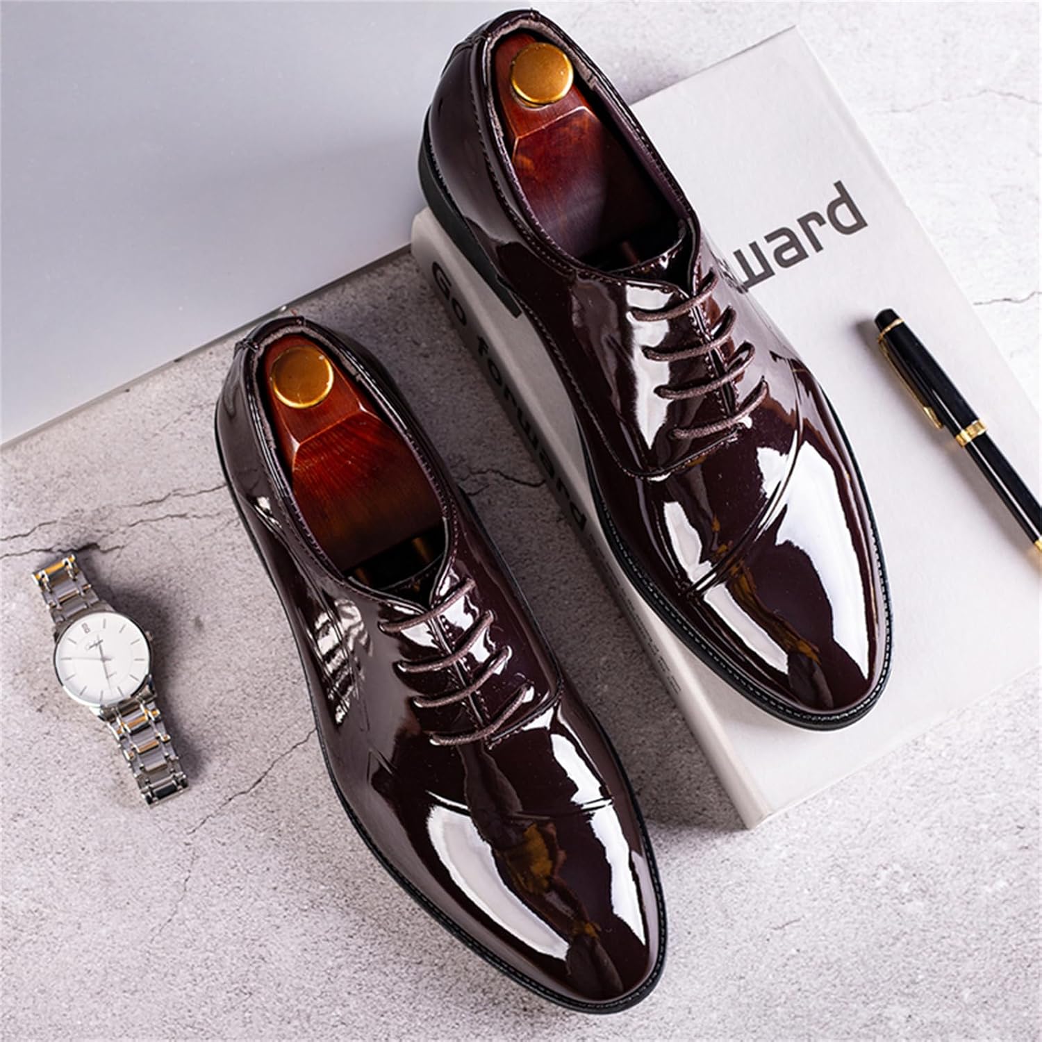 Alternative view of Men's Trendy High Gloss Patent Leather Business Oxford Lightweight Derby Shoes Formal Lace Up Dress Shoes