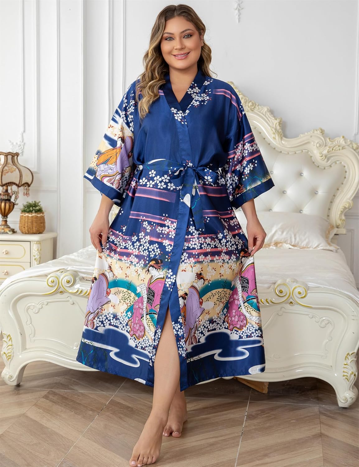Alternative view of feslieacc Women's Floral Long Satin Robes Plus Size Long Silk Robes Peacock Floral Kimonos Sleepwear Dressing Gown