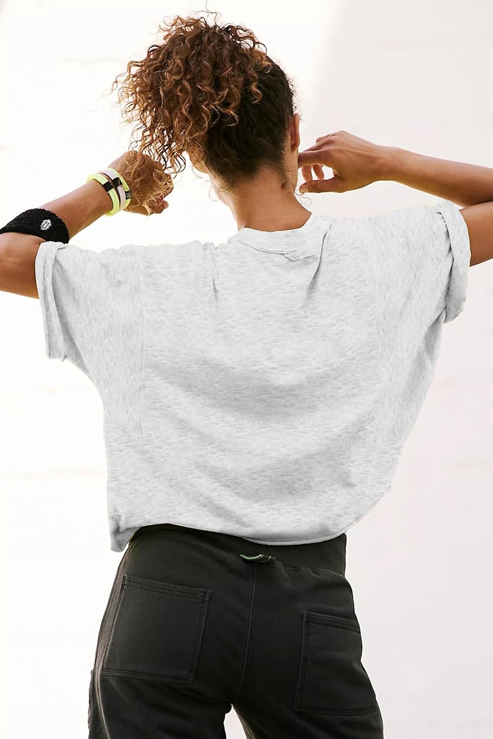 Women's Oversize Workout Crop Tops Casual Short Sleeve Drop Shoulder Boxy T-Shirts Roll Hem Basic Loose Yoga Running Tees