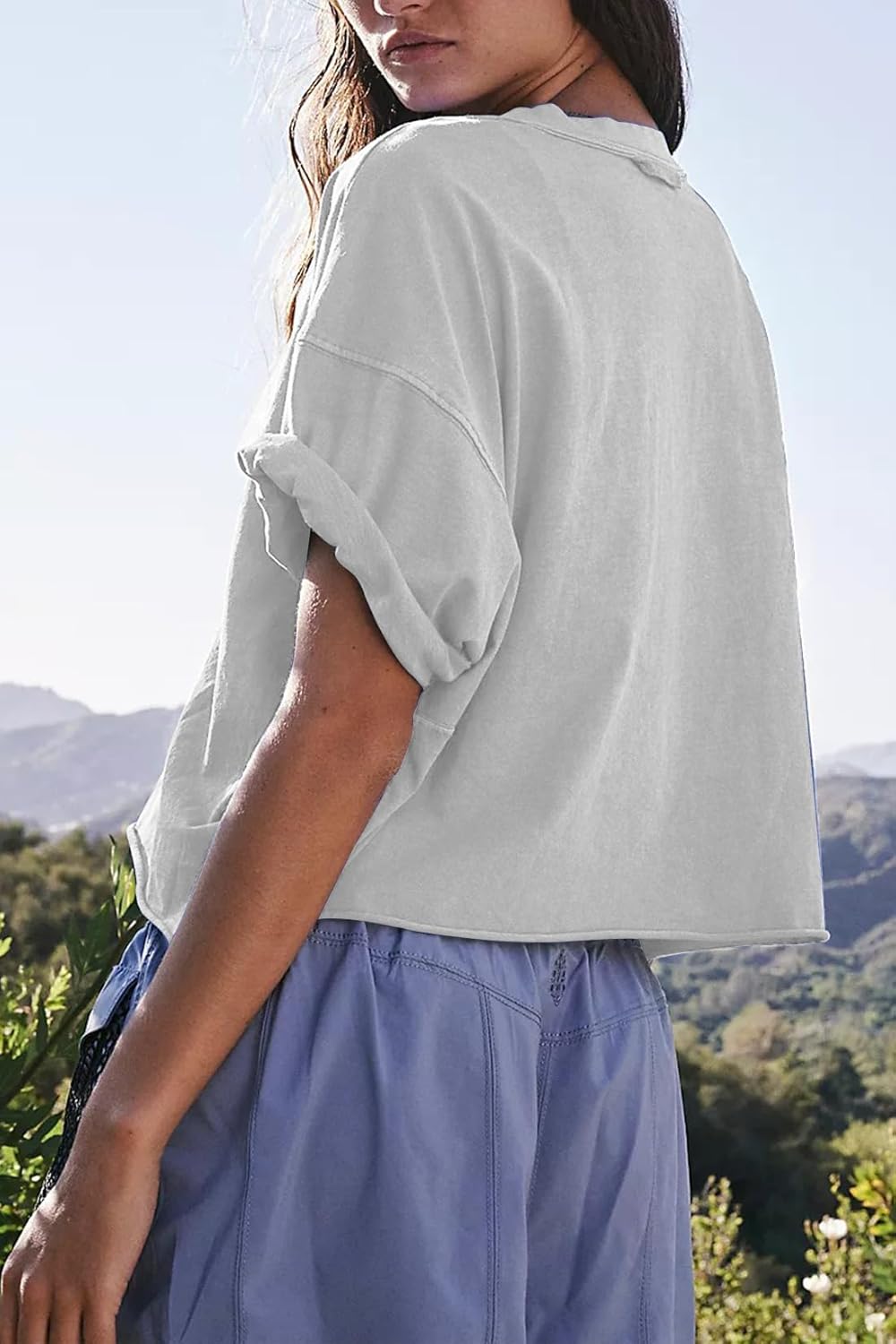 Alternative view of Women's Oversize Workout Crop Tops Casual Short Sleeve Drop Shoulder Boxy T-Shirts Roll Hem Basic Loose Yoga Running Tees