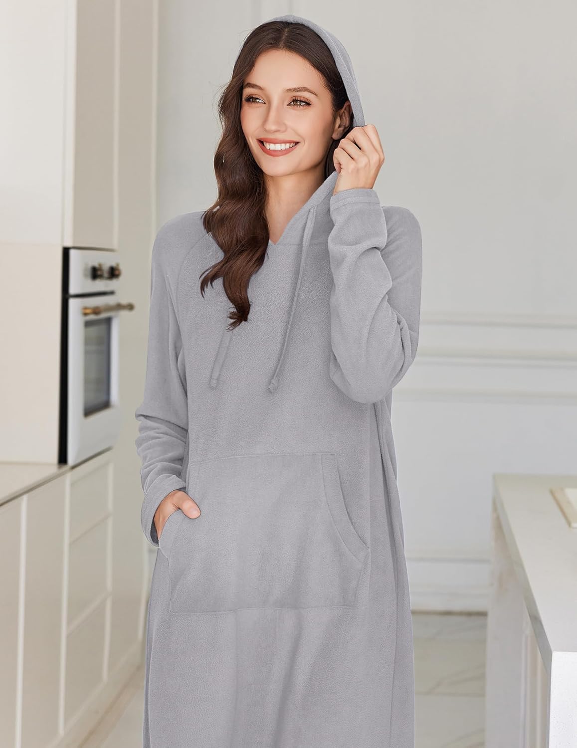 Ekouaer Nightgowns for Women Fleece Nightgown Long Sleeve Sleepwear Hooded Night Gown Long Sleep Shirt with Pocket