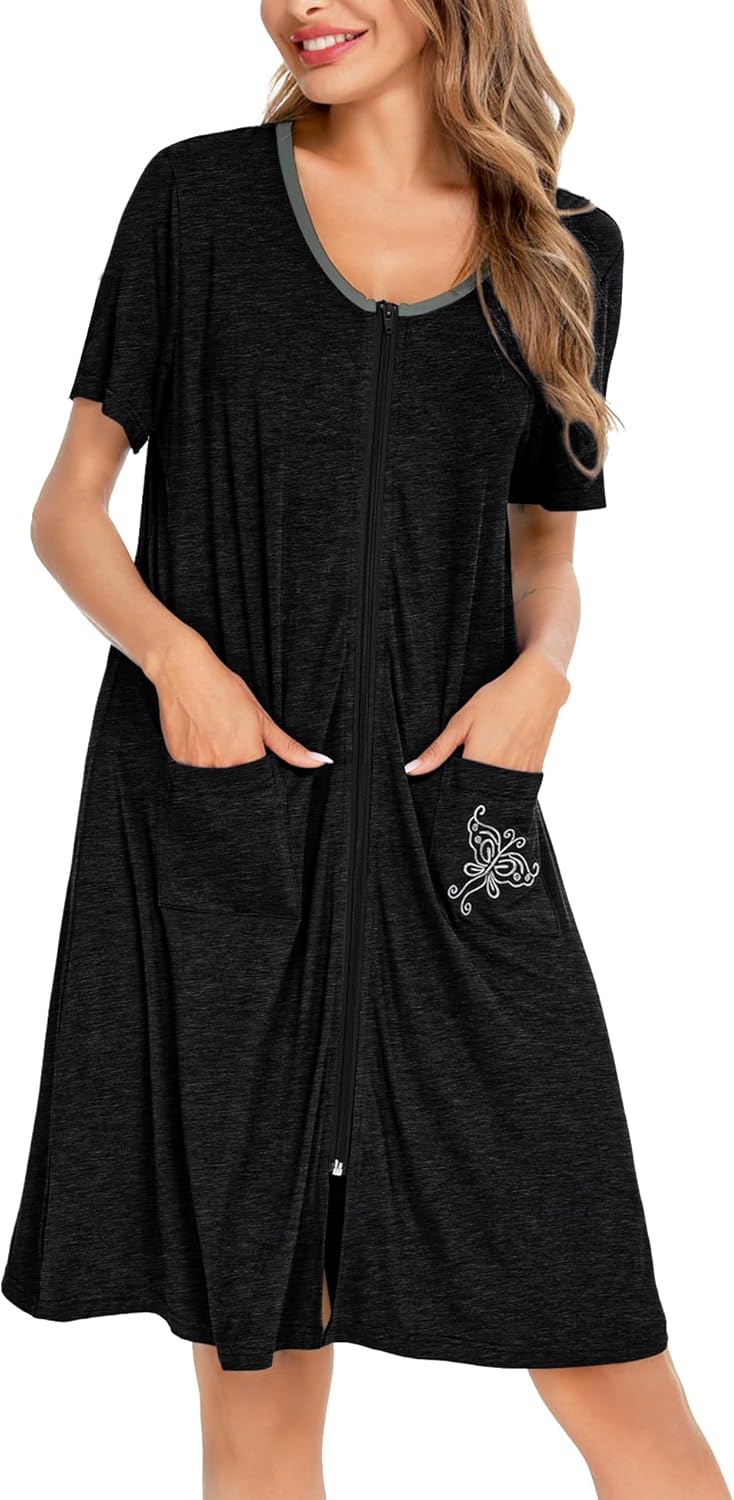 SWOMOG Women's Zip Up Housecoat Zipper Front Robe Lightweight Bathrobe Short Sleeve Loungewear Nightgowns with Pockets