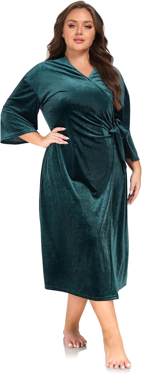Alternative view of VintageClothing Women Velvet Robe Long Plus Size Wrap Dressing Gown Fuzzy Kimono Bathrobe Sexy Nightgown Sleepwear Loungewear