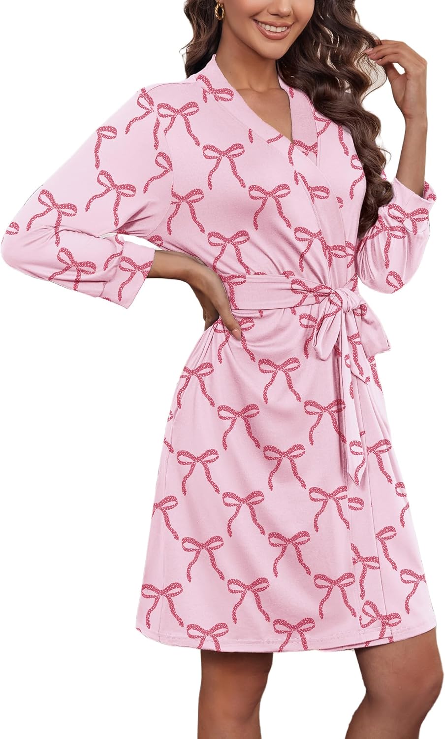 Ekouaer Womenu2018s Robes Lightweight 3/4 Sleeve Short Knit Bathrobe Soft Knee Length Sleepwear Robes with Pockets S-XXL