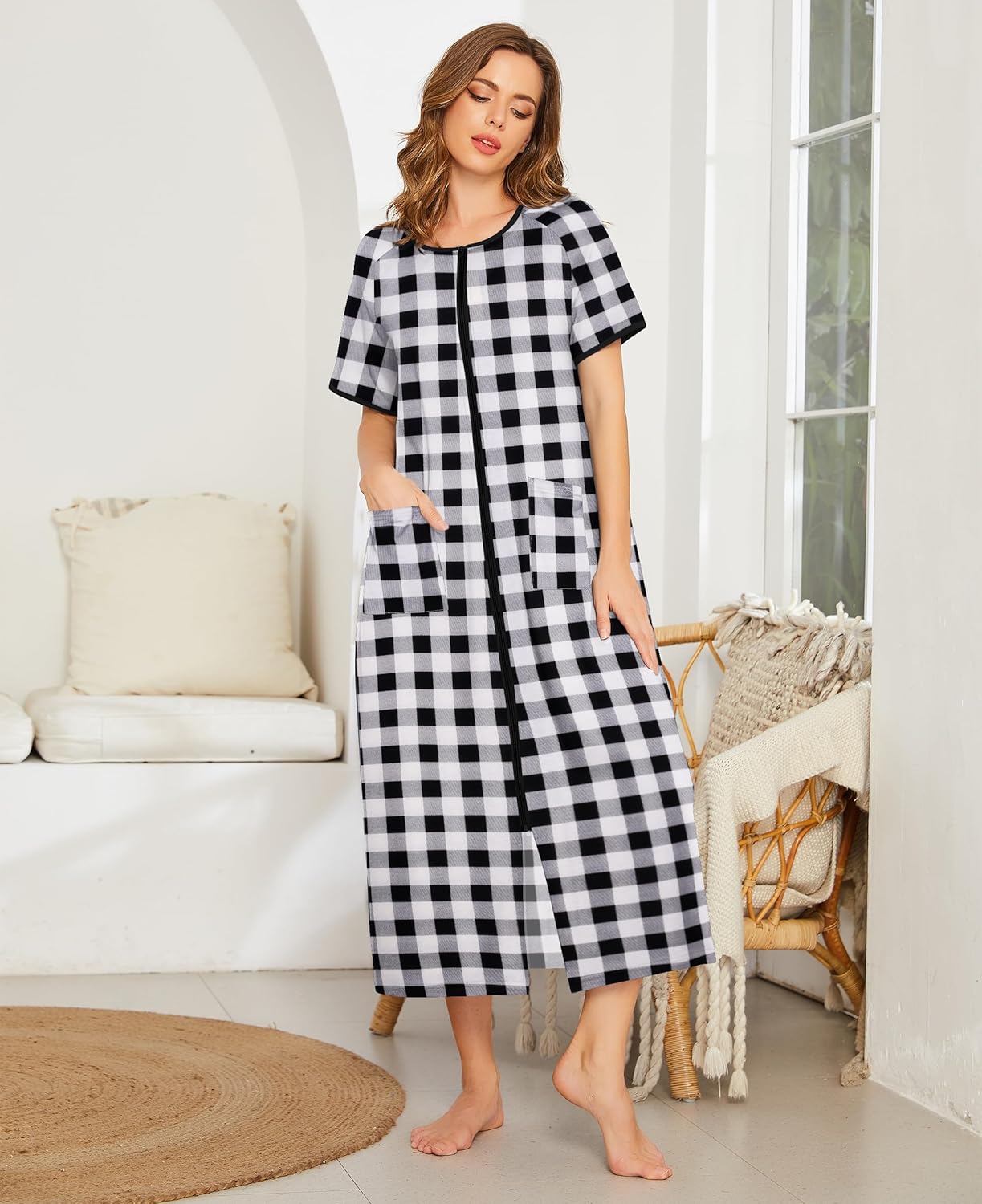 Ekouaer Women Robes Zipper Front Short Sleeve Full Length Housecoat with Pockets Loungewear S-4XL