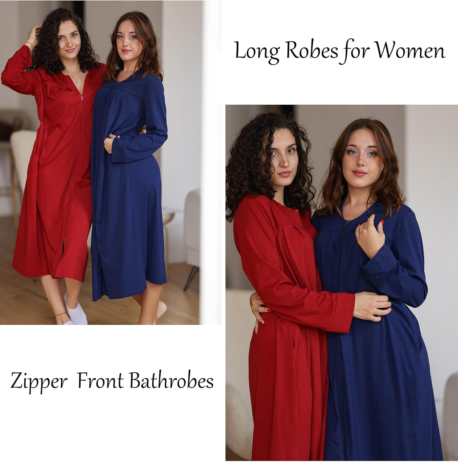 Ekouaer Zipper Robes for Women Long Knit Bathrobes Lightweight Full Length Housecoat with Pockets Nightgown S-3XL