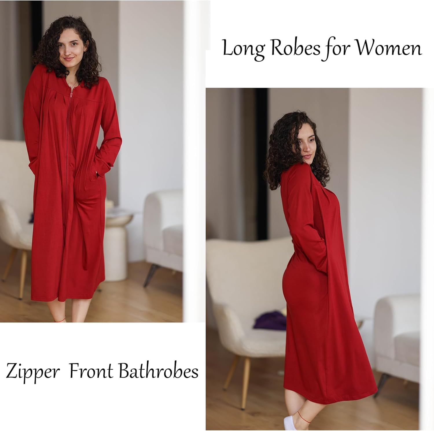 Alternative view of Ekouaer Zipper Robes for Women Long Knit Bathrobes Lightweight Full Length Housecoat with Pockets Nightgown S-3XL