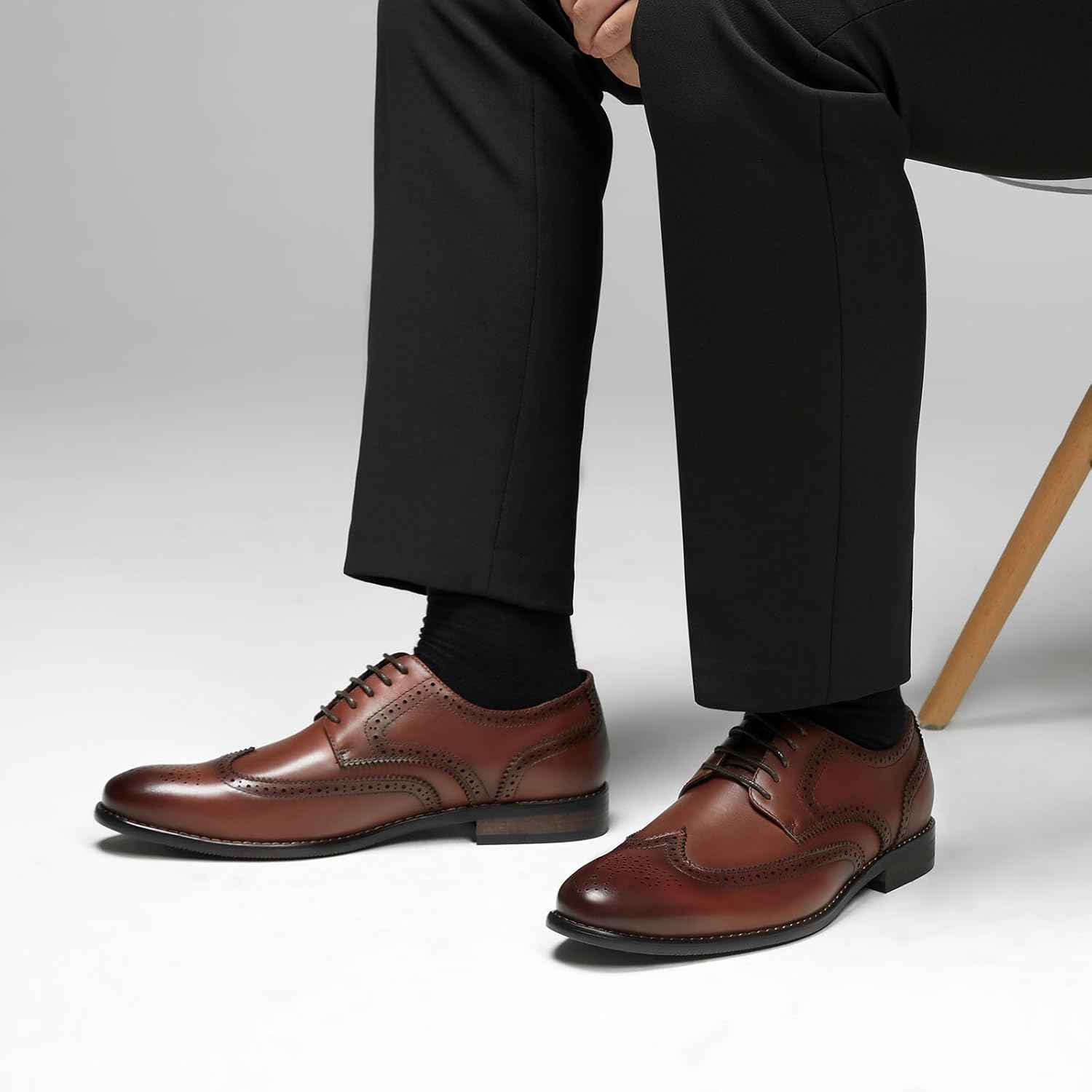 HEEZ Men's Dress Shoes Genuine Leather, Wingtip Oxford for Men Non Slip, Lace up Plain Toe Derby Dress Shoes for Formal, Business, Wedding, Office