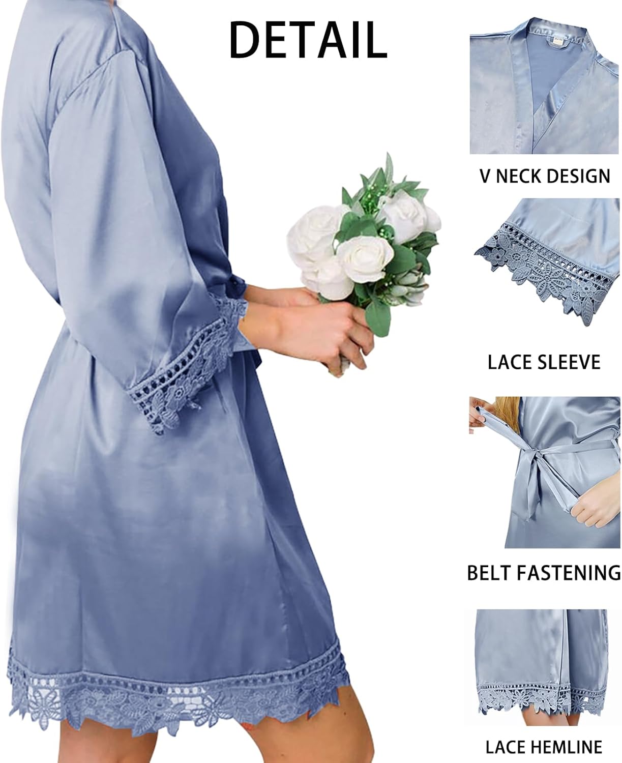 Alternative view of 3Pcs Womens Satin Robes for Bride Bridesmaid Silk Bathrobes Silky Kimono Robe for Wedding Party Loungewear Lace Sleepwear