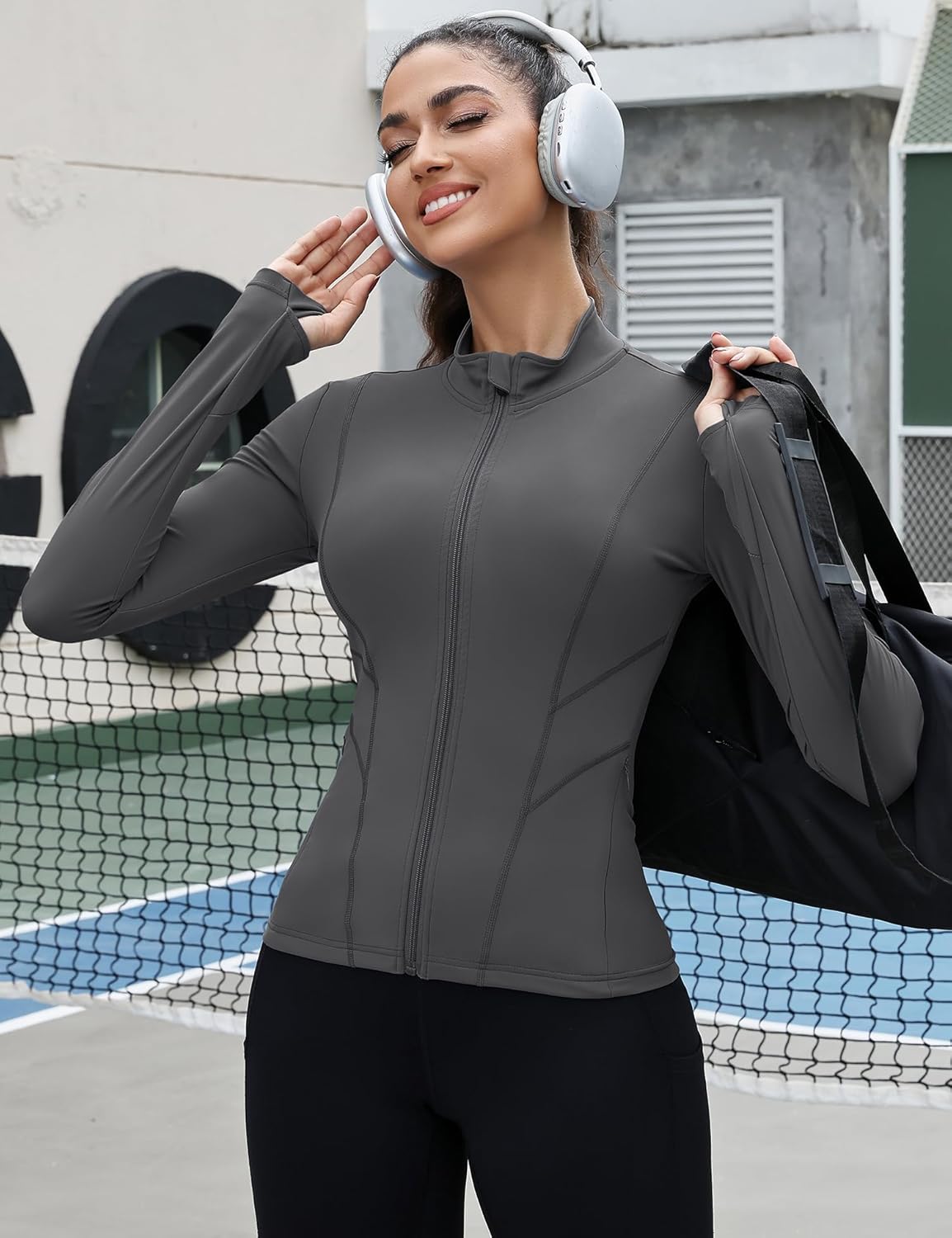 Rapbin Women's Slim Fit Workout Jackets Full Zip Long Sleeve Running Athletic Tops Yoga Shirts with Thumb Holes