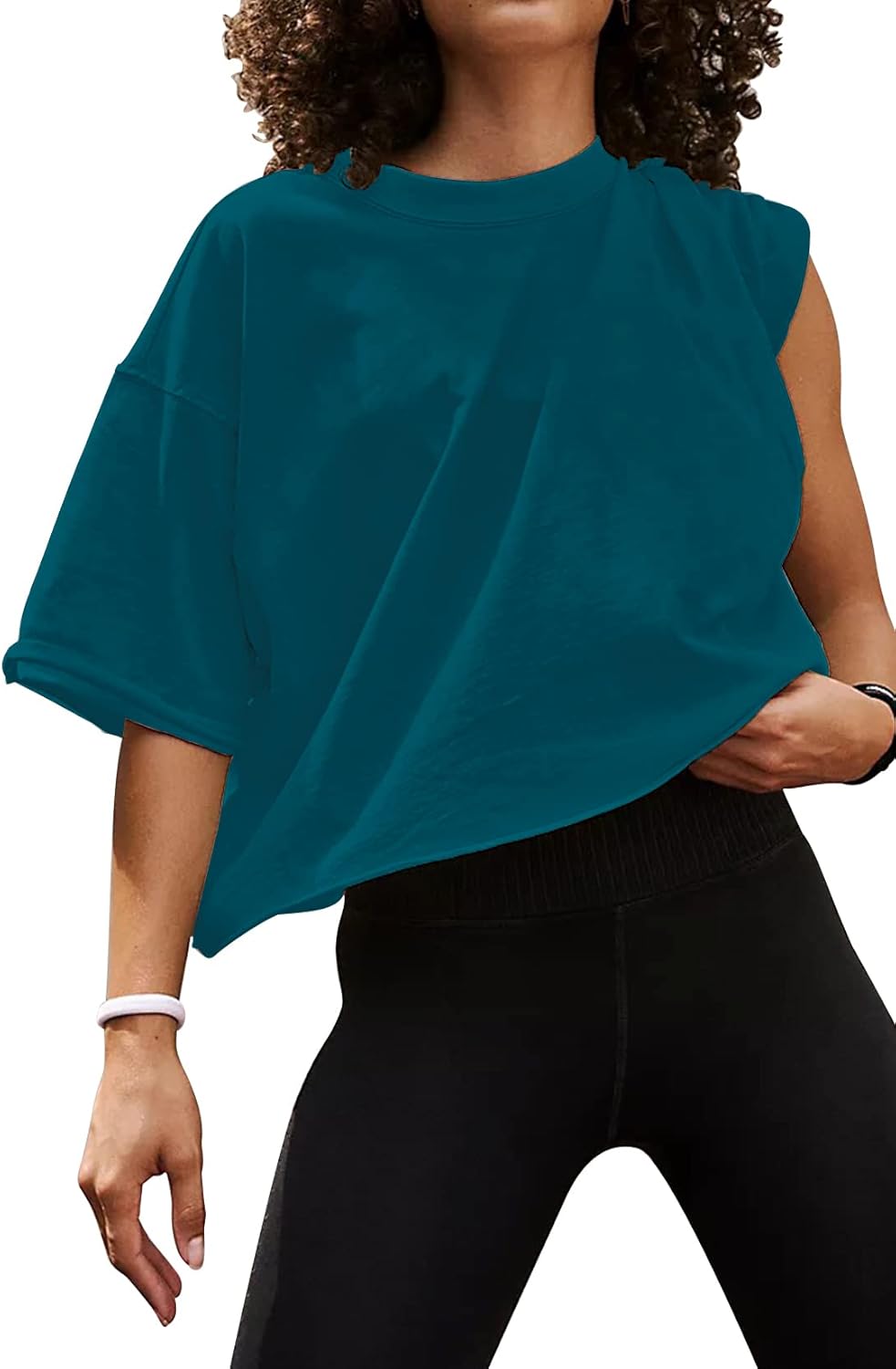 Women's Oversize Workout Crop Tops Casual Short Sleeve Drop Shoulder Boxy T-Shirts Roll Hem Basic Loose Yoga Running Tees - Image 4