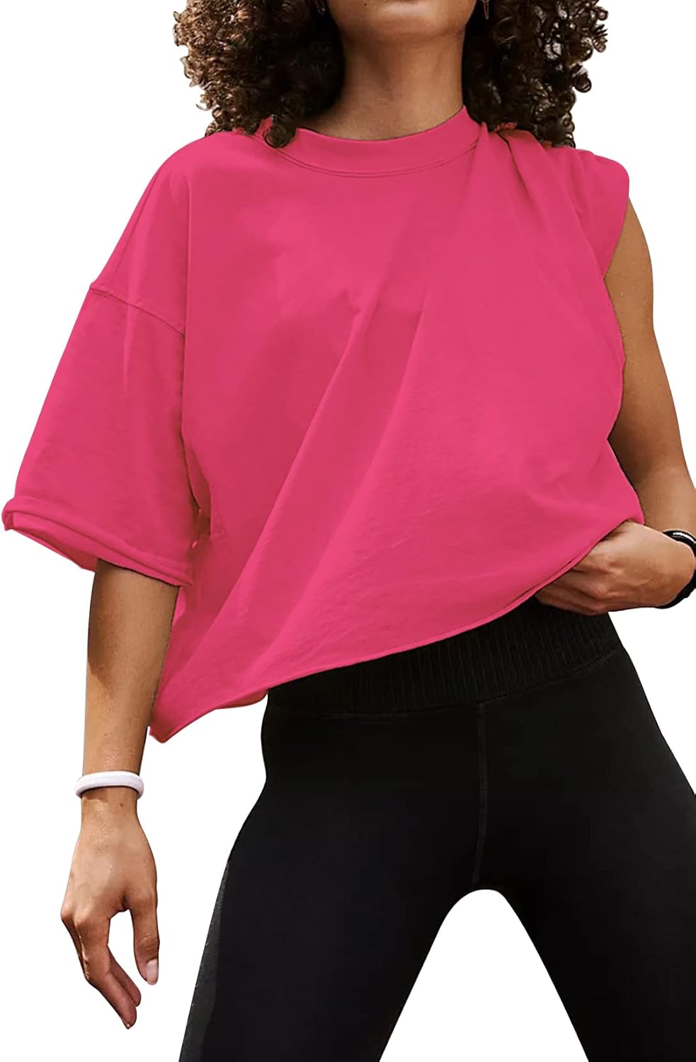Women's Oversize Workout Crop Tops Casual Short Sleeve Drop Shoulder Boxy T-Shirts Roll Hem Basic Loose Yoga Running Tees - Image 7