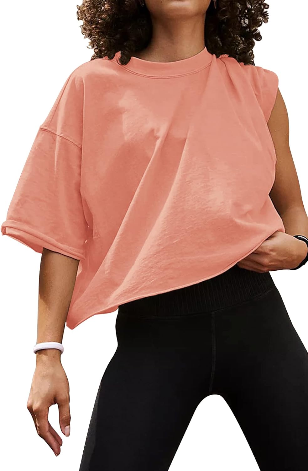 Women's Oversize Workout Crop Tops Casual Short Sleeve Drop Shoulder Boxy T-Shirts Roll Hem Basic Loose Yoga Running Tees - Image 8