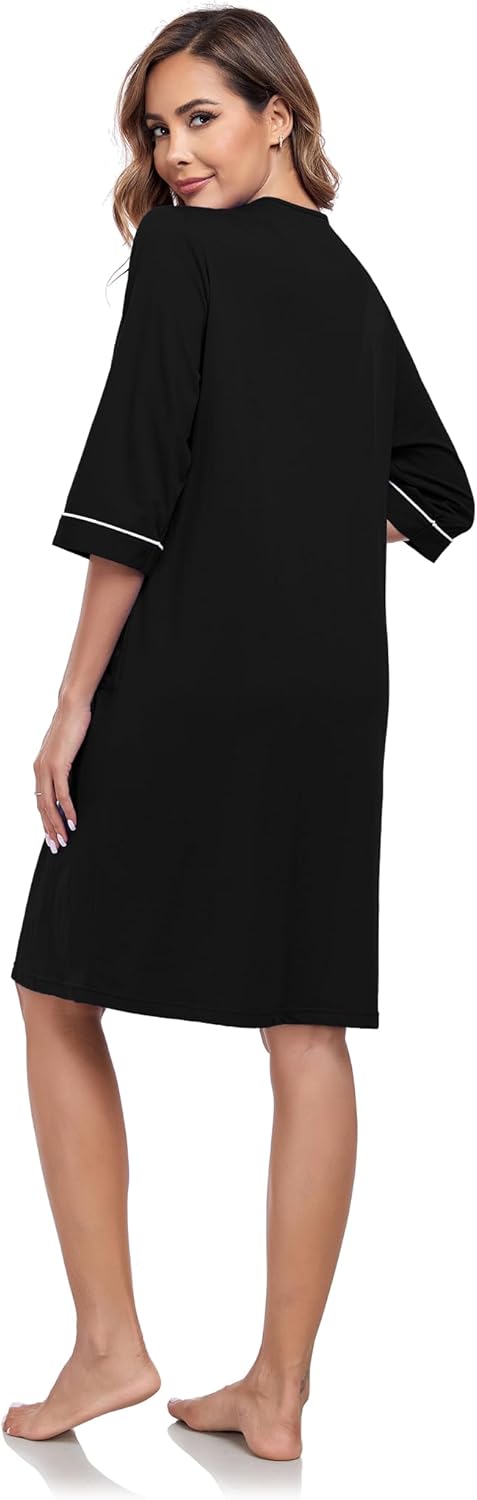 MAYFISH Women's 100% cotton Robe lightweight with 3/4 sleeves zip front Knee Length Loungewear with Pockets