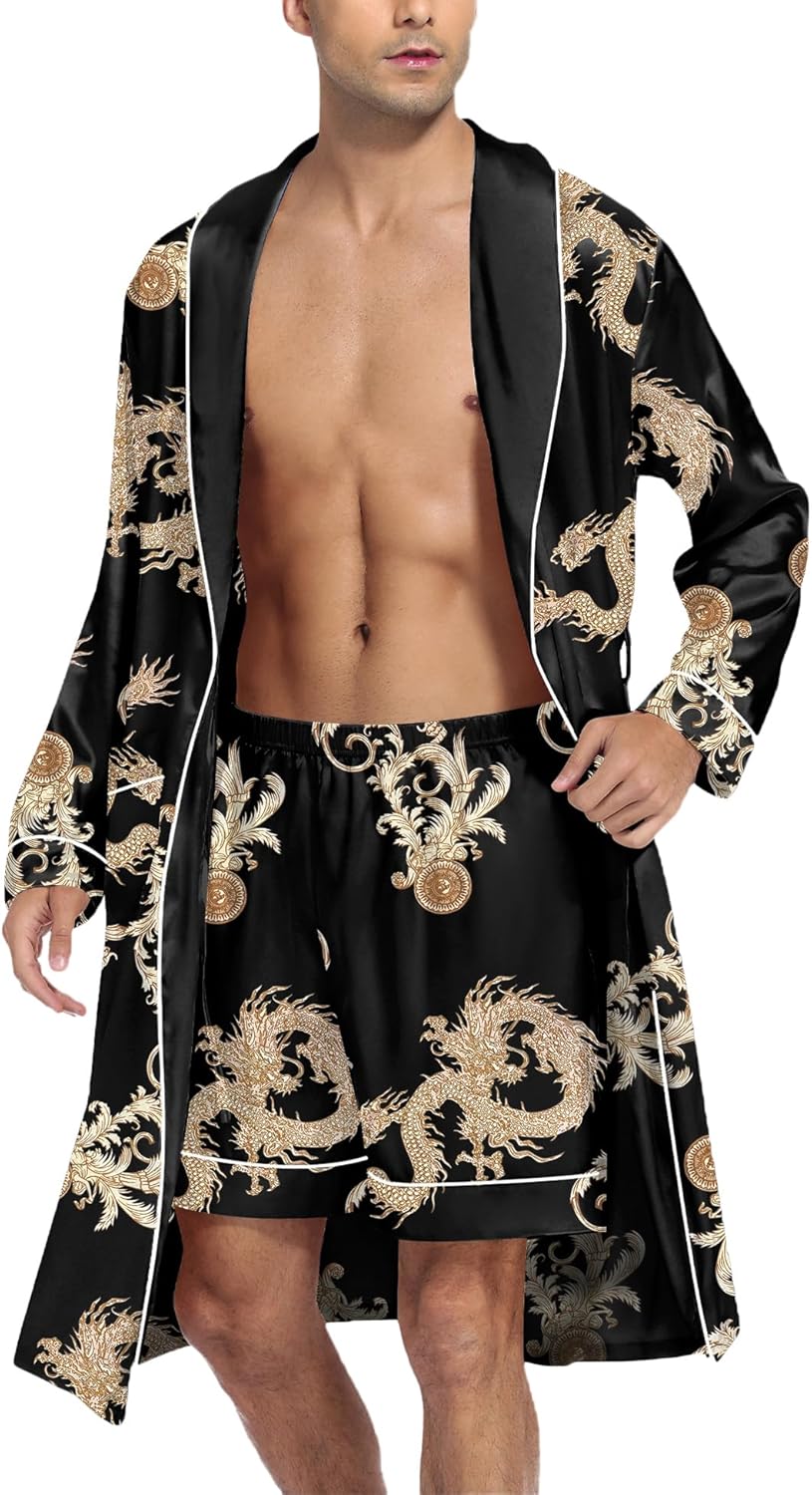 Alternative view of SWOMOG Men's Satin Robe Silky Kimono Bathrobe with Shorts Set Lightweight Soft Loungewear Nightwear