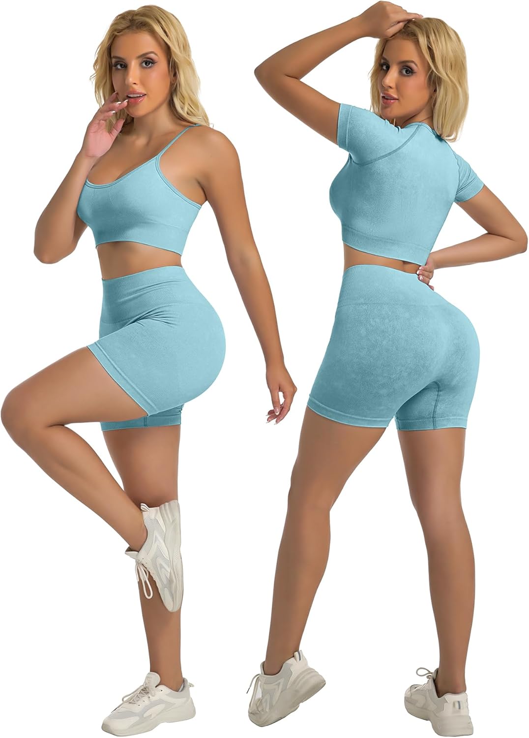 YOAKUKA Women's 4 Piece Workout Sets Seamless Acid Wash Tops Sports Bra High Waist Shorts Leggings Active Set