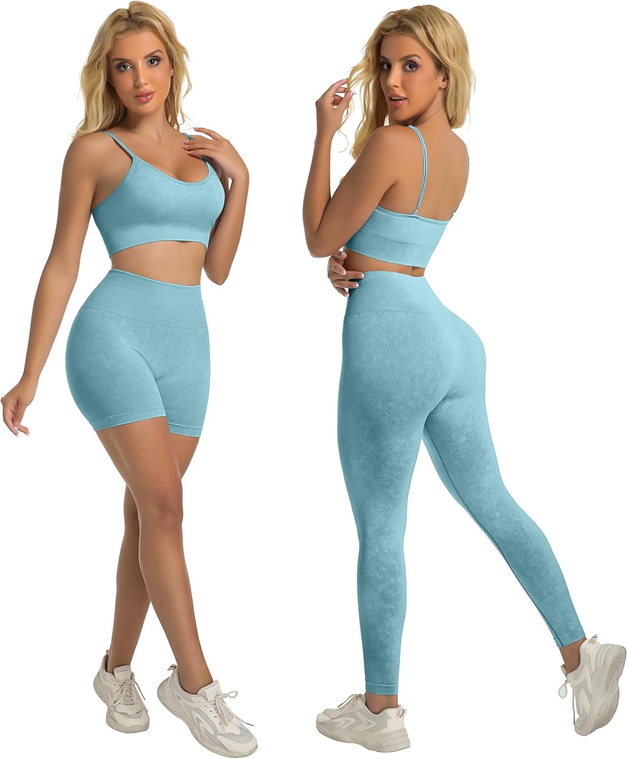 Alternative view of YOAKUKA Women's 4 Piece Workout Sets Seamless Acid Wash Tops Sports Bra High Waist Shorts Leggings Active Set