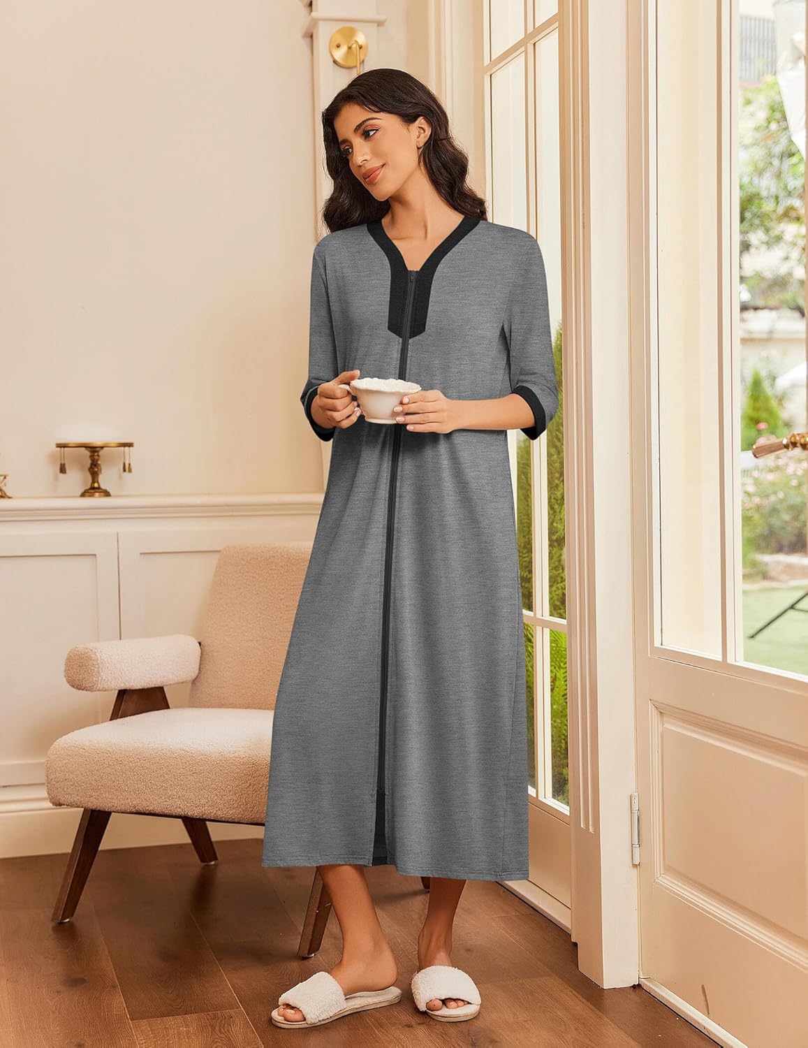 Ekouaer Women's Zipper Robe 3/4 Sleeves Housecoat Full Length Nightgown Soft Loungewear Robe with Pockets S-3XL