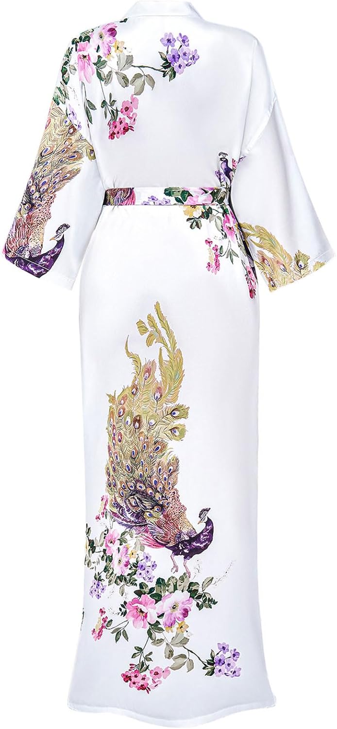 Women's Long Satin Robes Lightweight Silky Bathrobe Peacock and Floral Printed Wedding Party Dressing Gown