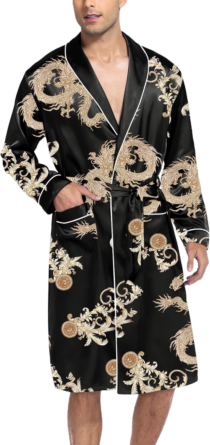 SWOMOG Men's Satin Robe Silky Kimono Bathrobe with Shorts Set Lightweight Soft Loungewear Nightwear