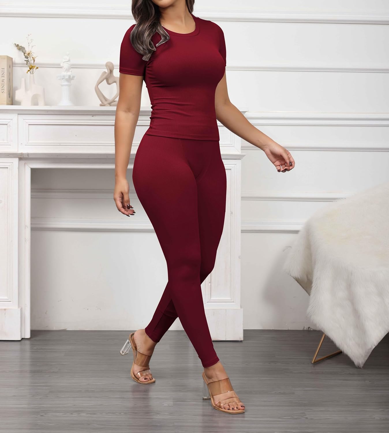 PINSV 2 Piece Sets for Women Summer Casual Jogger Workout Outfits Fitted Crew Neck T-shirt High Waist Legging Sets