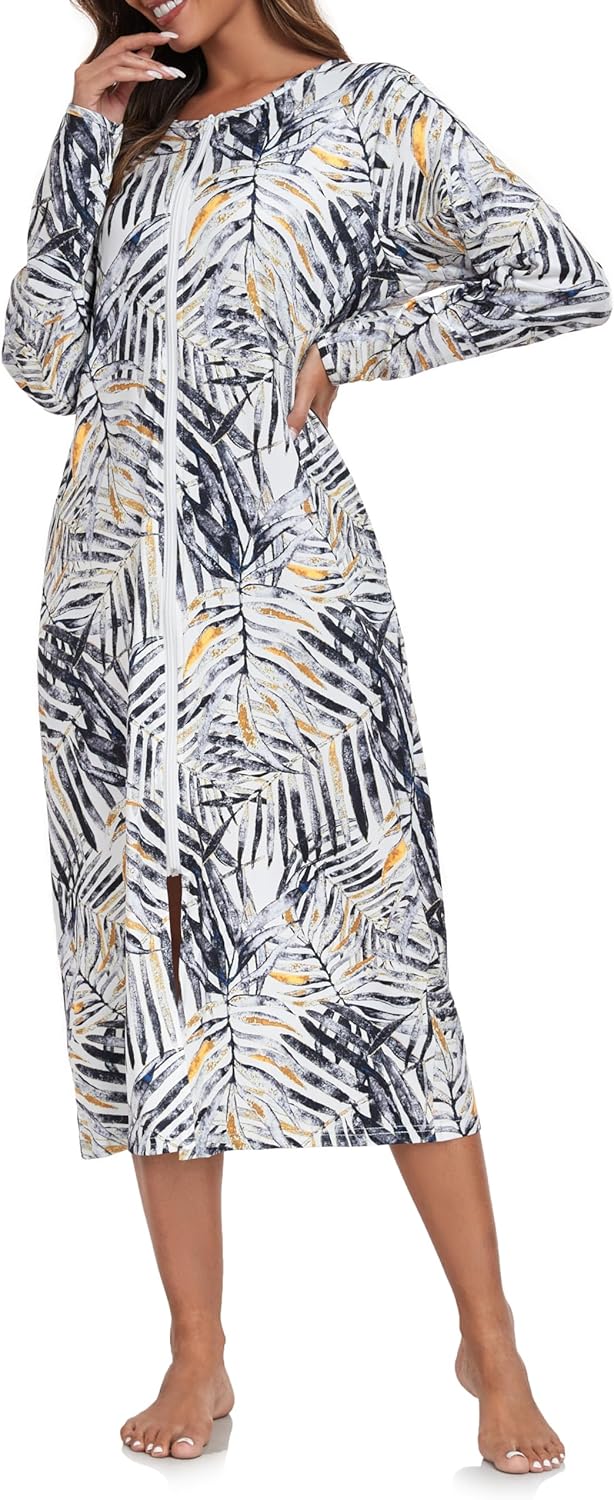 Vslarh Women Short Sleeve Zip Front Nightgowns Full Length Cotton Robes Loose Housecoat Loungewear with Pockets S-XXL