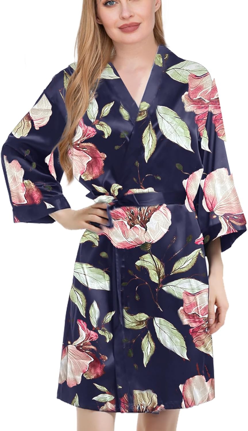 Alternative view of Womens Satin Kimono Robe Silk Robes Floral Bathrobe Bride Bridesmaid Wedding Silky Bridal Dressing Gown Loungewear