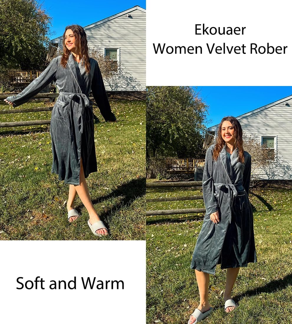 Ekouaer Women's Robe Long Velvet Long Length Bathrobe Soft Warm Sleepwear Shawl Collar Casual Ladies Loungewear