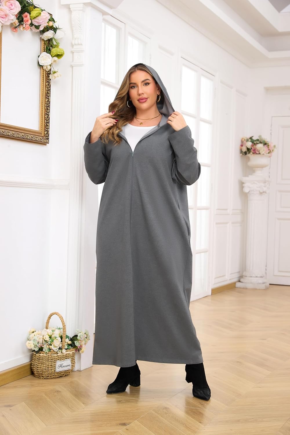 VintageClothing Women Hooded Zipper Robe Plus Size Zip Up Sweatshirt Robe Long Zipper Front Housecoat with Pockets S-4X