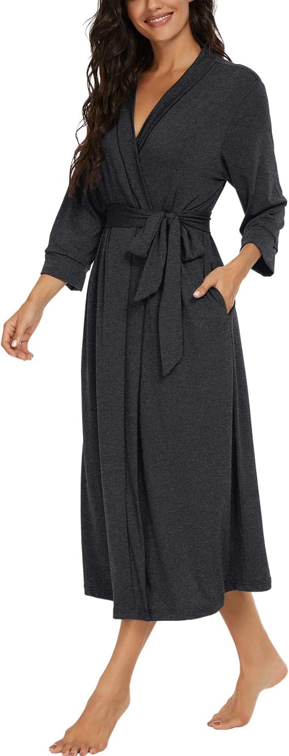 VINTATRE Women Kimono Robes Long Knit Bathrobe Lightweight Soft Knit Sleepwear V-neck Casual Ladies Loungewear