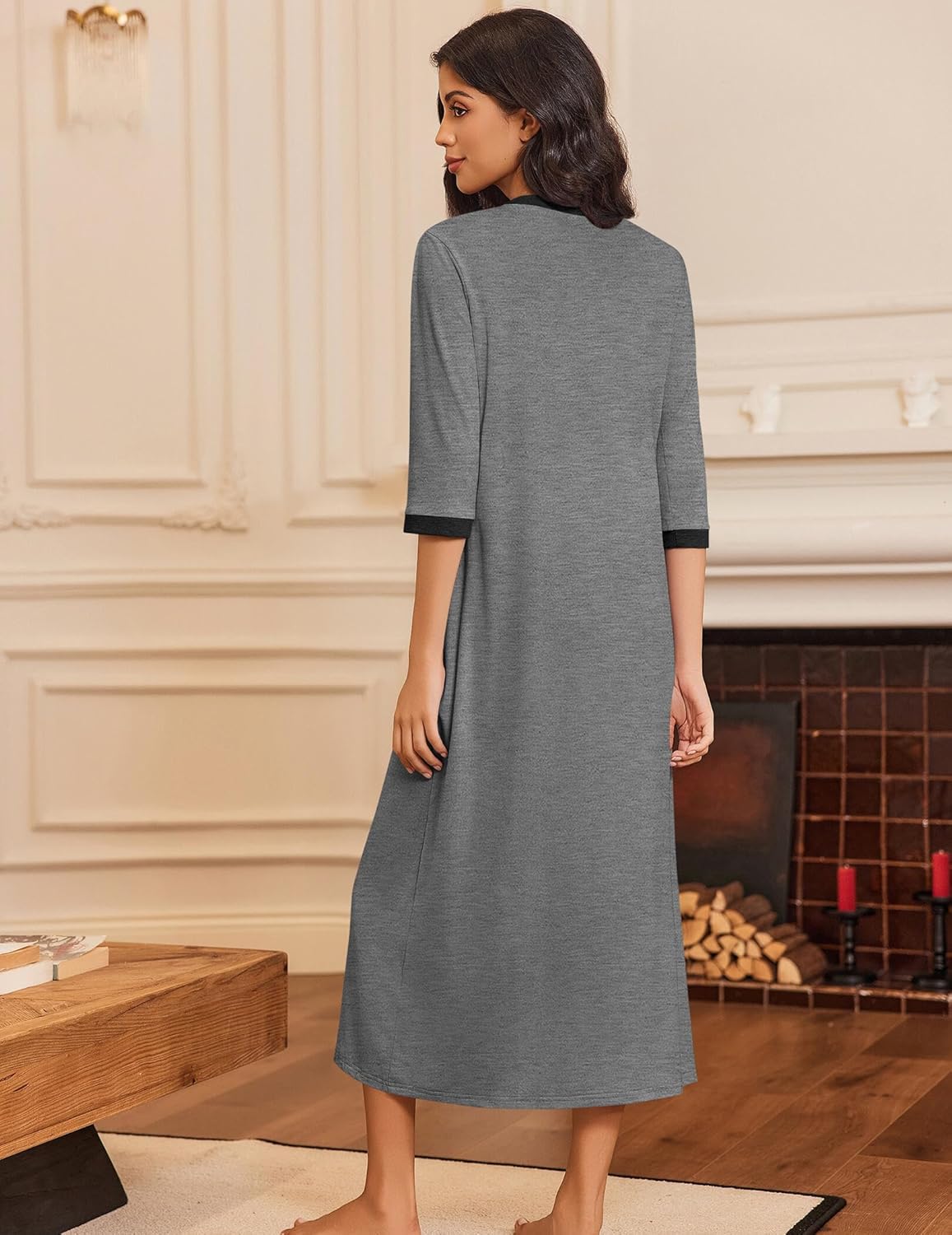 Ekouaer Women's Zipper Robe 3/4 Sleeves Housecoat Full Length Nightgown Soft Loungewear Robe with Pockets S-3XL - Image 3