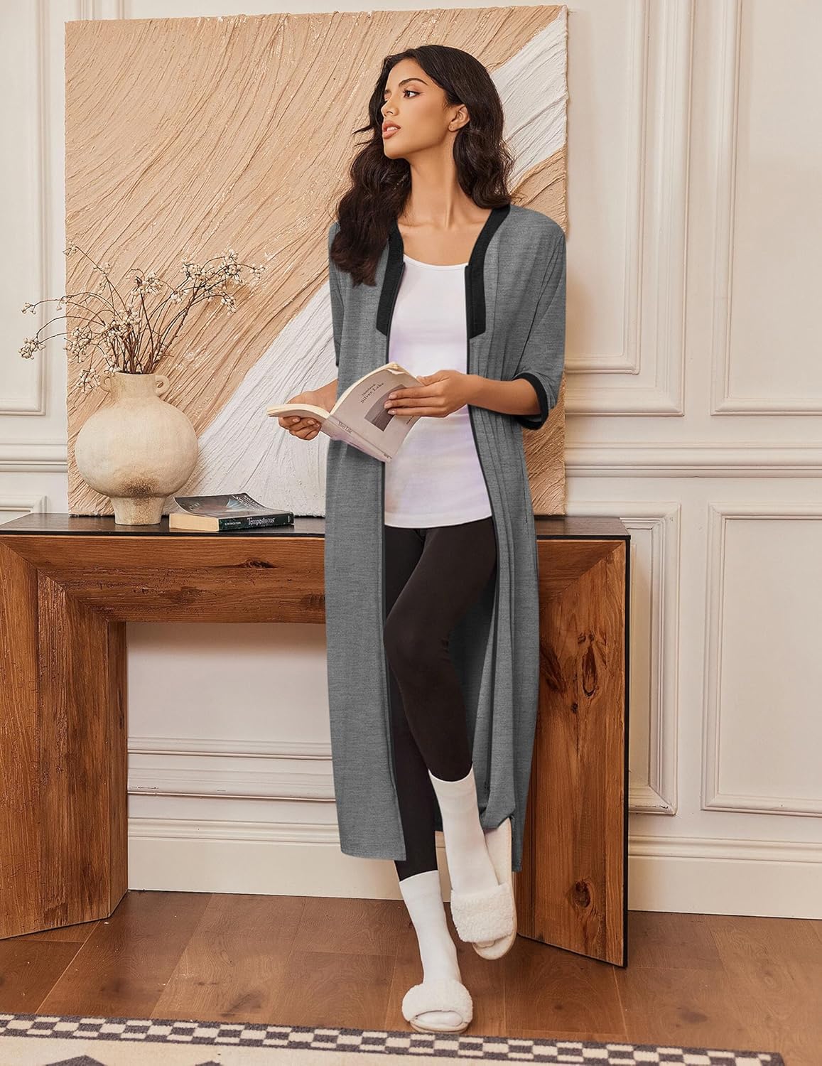 Ekouaer Women's Zipper Robe 3/4 Sleeves Housecoat Full Length Nightgown Soft Loungewear Robe with Pockets S-3XL - Image 4