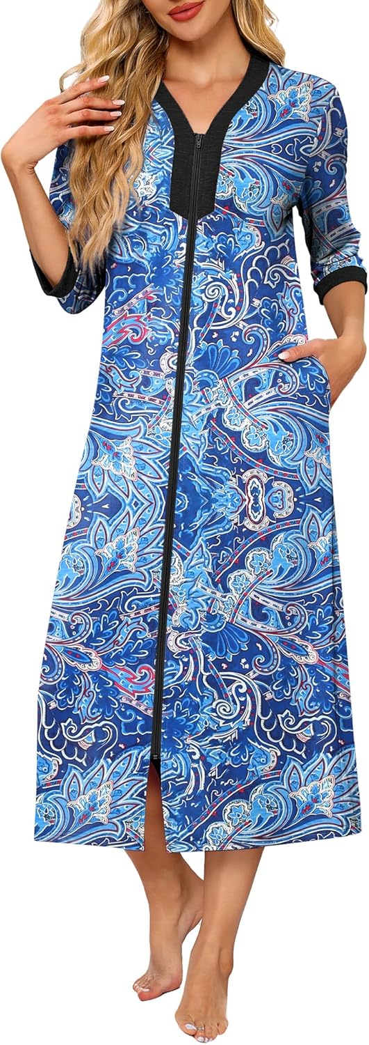 Ekouaer Women's Zipper Robe 3/4 Sleeves Housecoat Full Length Nightgown Soft Loungewear Robe with Pockets S-3XL - Image 5