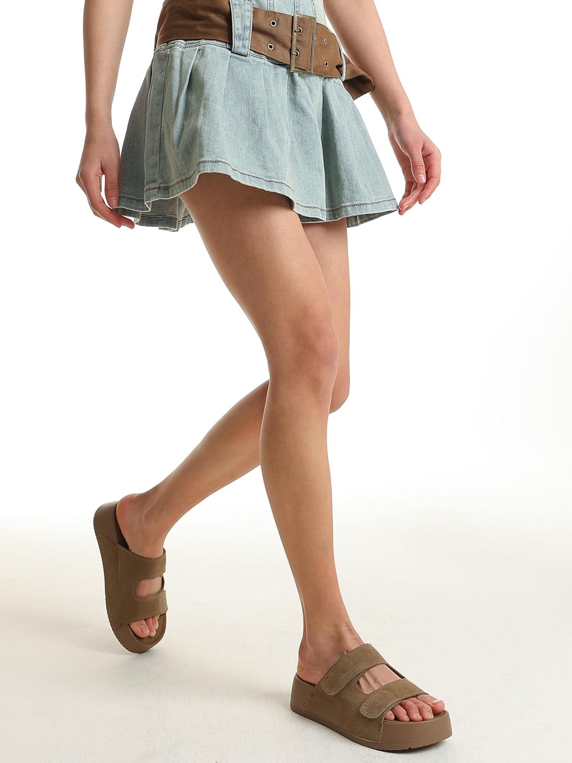 Bouwno Platform Sandals Women Genuine Leather Comfortable Beach Slides Adjustable Straps Slip-on Summer Sandals with Memory Foam Insole Open Toe Low Wedges