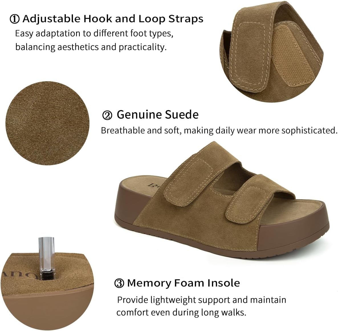 Alternative view of Bouwno Platform Sandals Women Genuine Leather Comfortable Beach Slides Adjustable Straps Slip-on Summer Sandals with Memory Foam Insole Open Toe Low Wedges