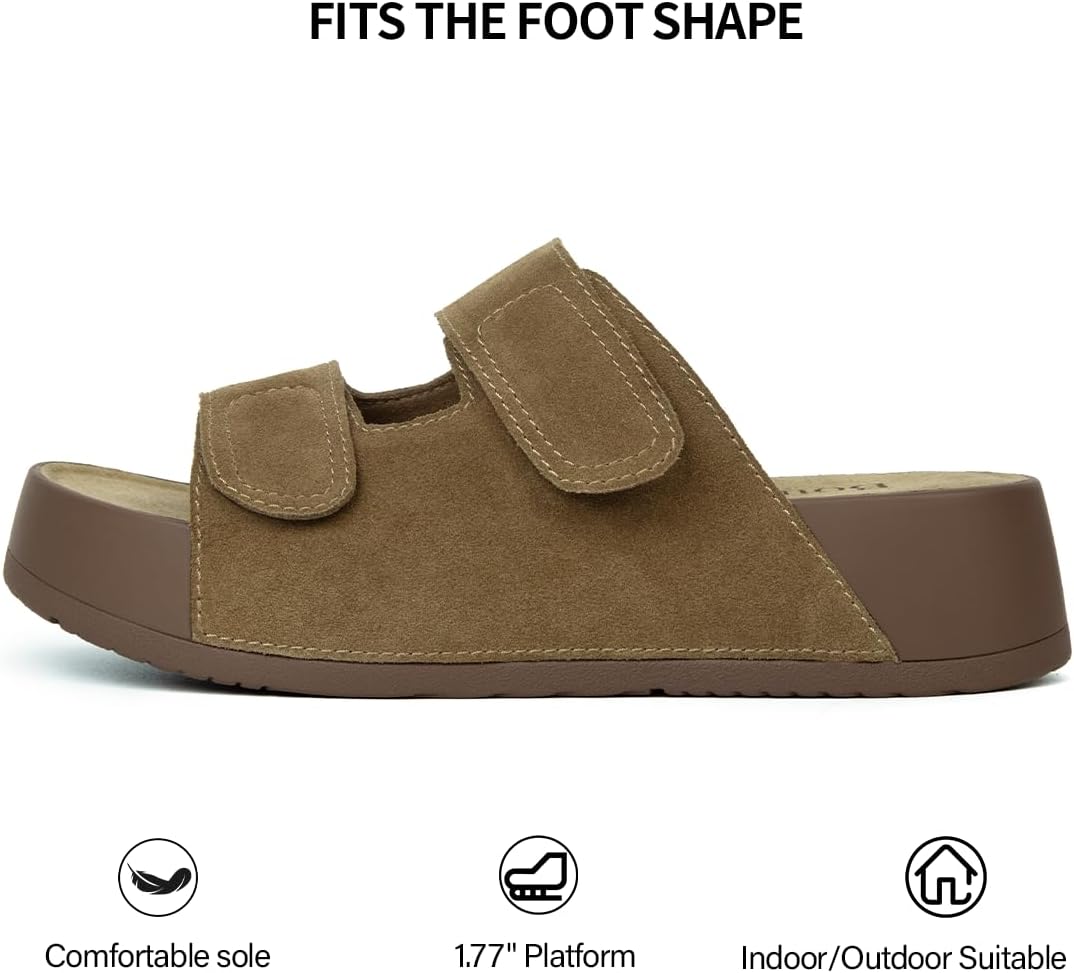 Bouwno Platform Sandals Women Genuine Leather Comfortable Beach Slides Adjustable Straps Slip-on Summer Sandals with Memory Foam Insole Open Toe Low Wedges - Image 3