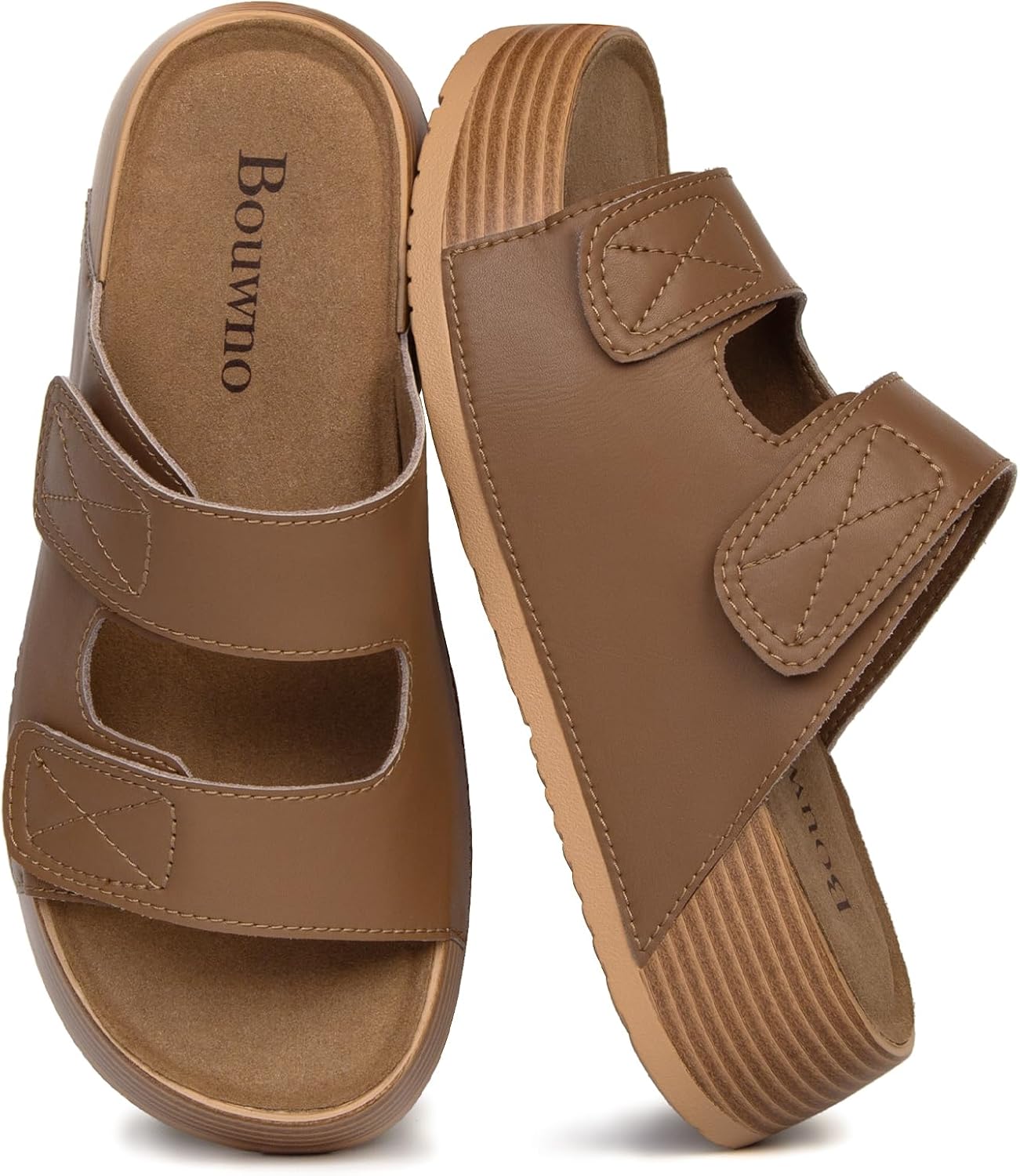Bouwno Platform Sandals Women Genuine Leather Comfortable Beach Slides Adjustable Straps Slip-on Summer Sandals with Memory Foam Insole Open Toe Low Wedges - Image 6