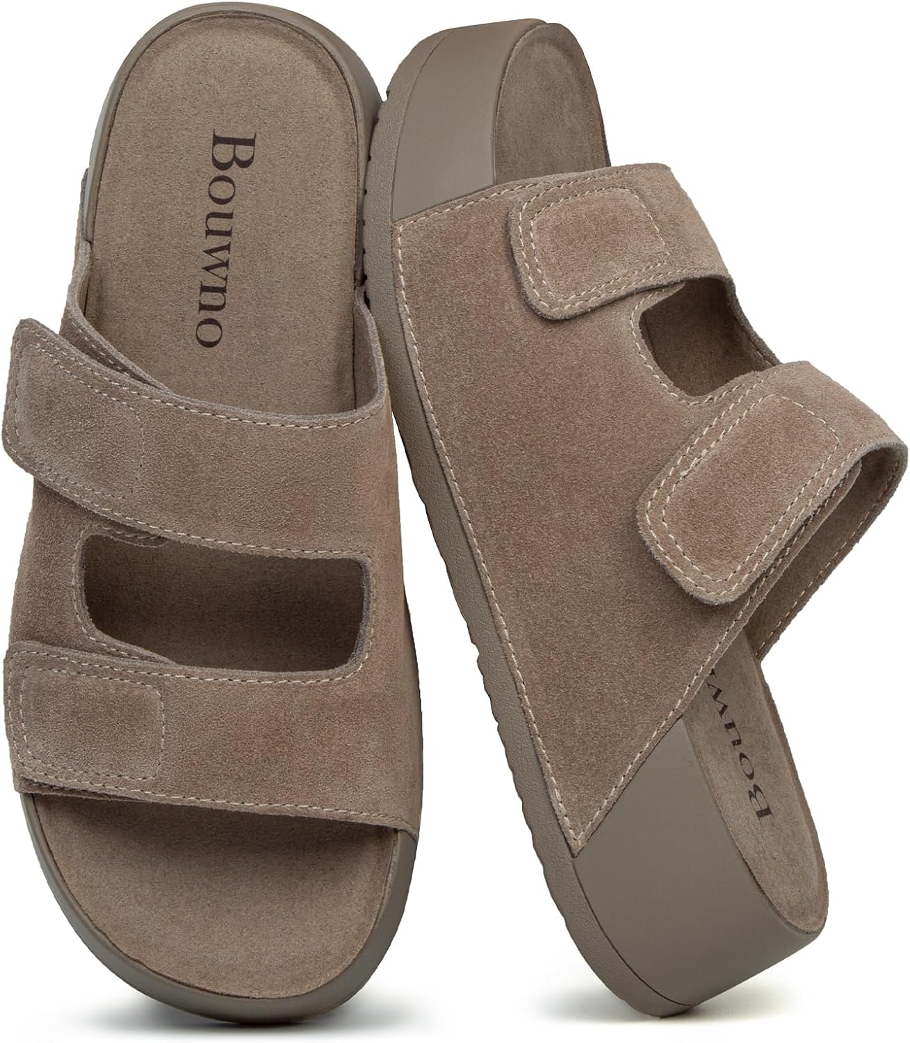 Bouwno Platform Sandals Women Genuine Leather Comfortable Beach Slides Adjustable Straps Slip-on Summer Sandals with Memory Foam Insole Open Toe Low Wedges - Image 7